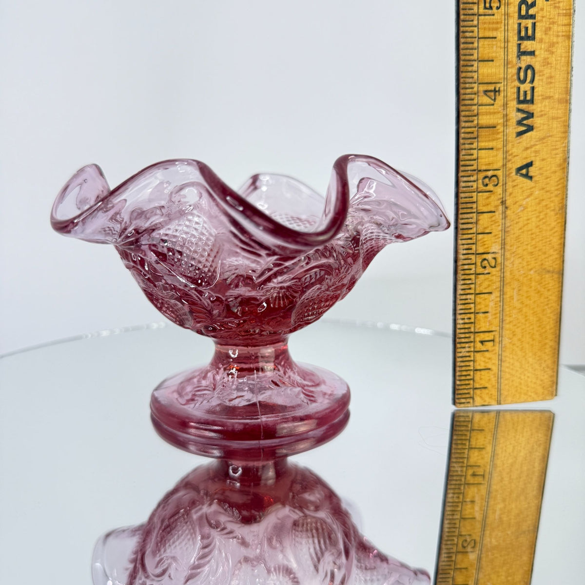 Vintage Fenton Dusty Rose Pink Inverted Strawberry Ruffled Footed Compote Bowl