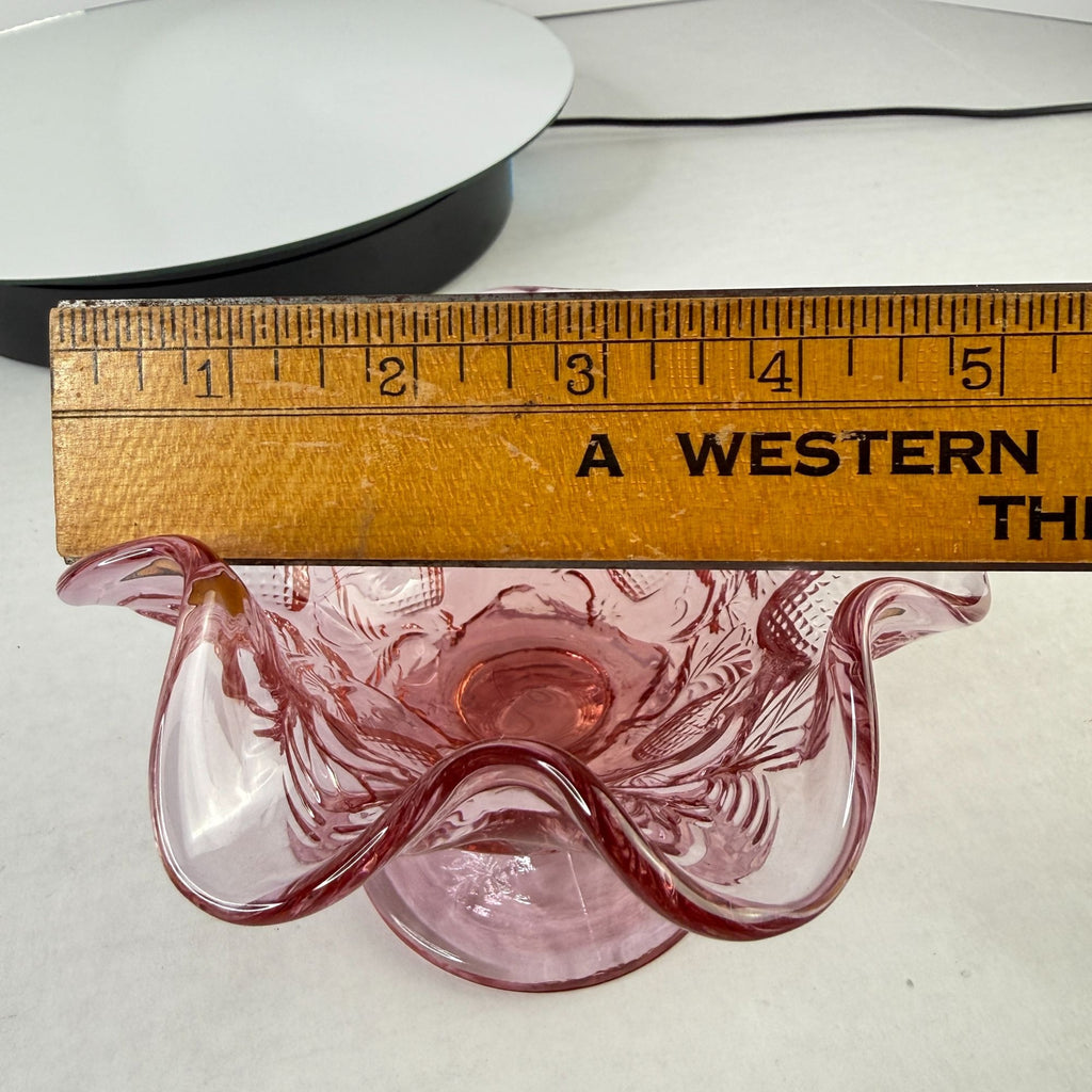 Vintage Fenton Dusty Rose Pink Inverted Strawberry Ruffled Footed Compote Bowl