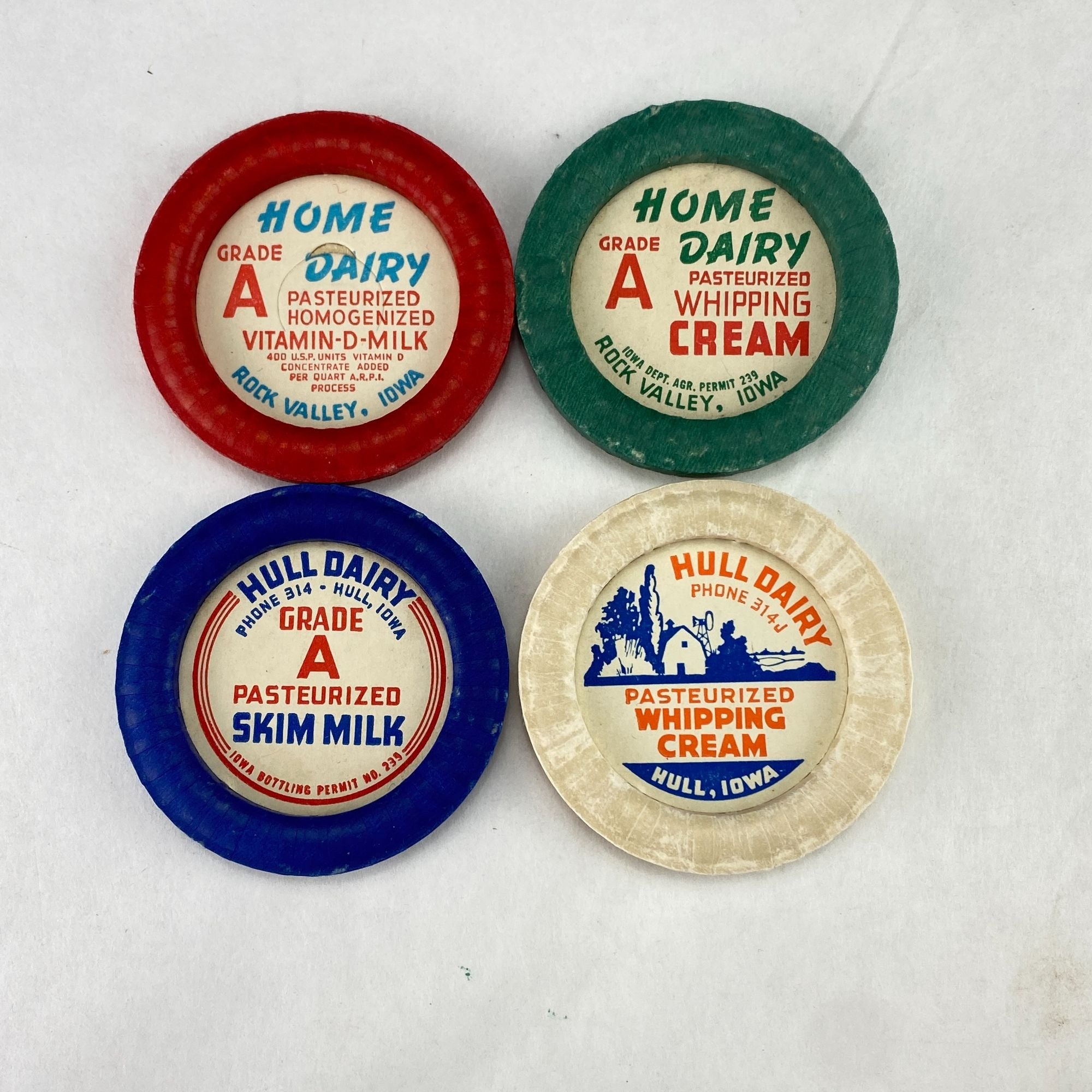 Vintage Unused Iowa Milk Bottle Caps from Hull and Home Dairy Lot of 4