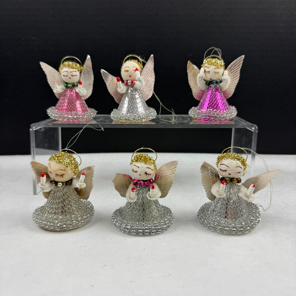 Vintage Spun Cotton Putz Mesh Dress Christmas Angel Ornaments Lot Of 6