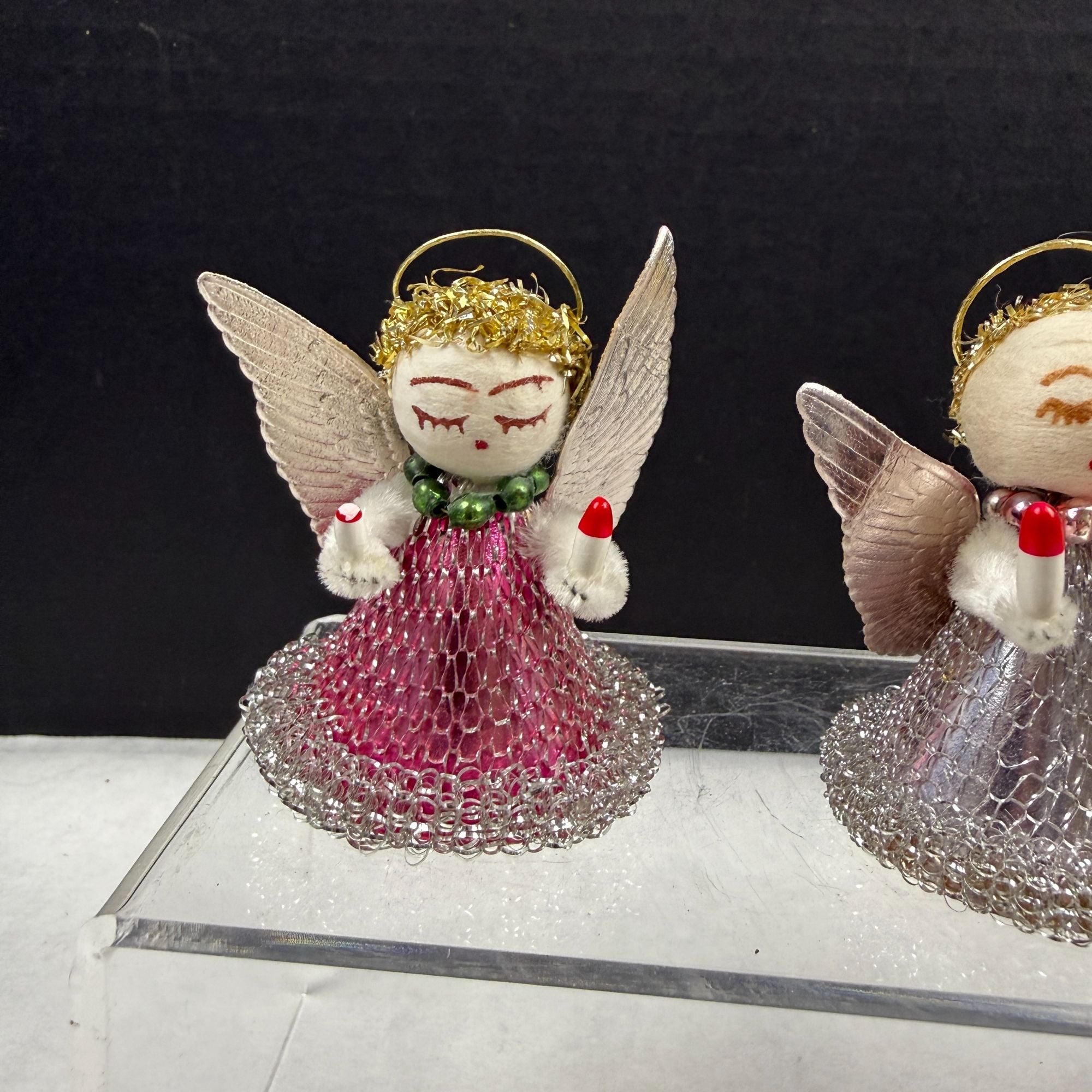 Vintage Spun Cotton Putz Mesh Dress Christmas Angel Ornaments Lot Of 6
