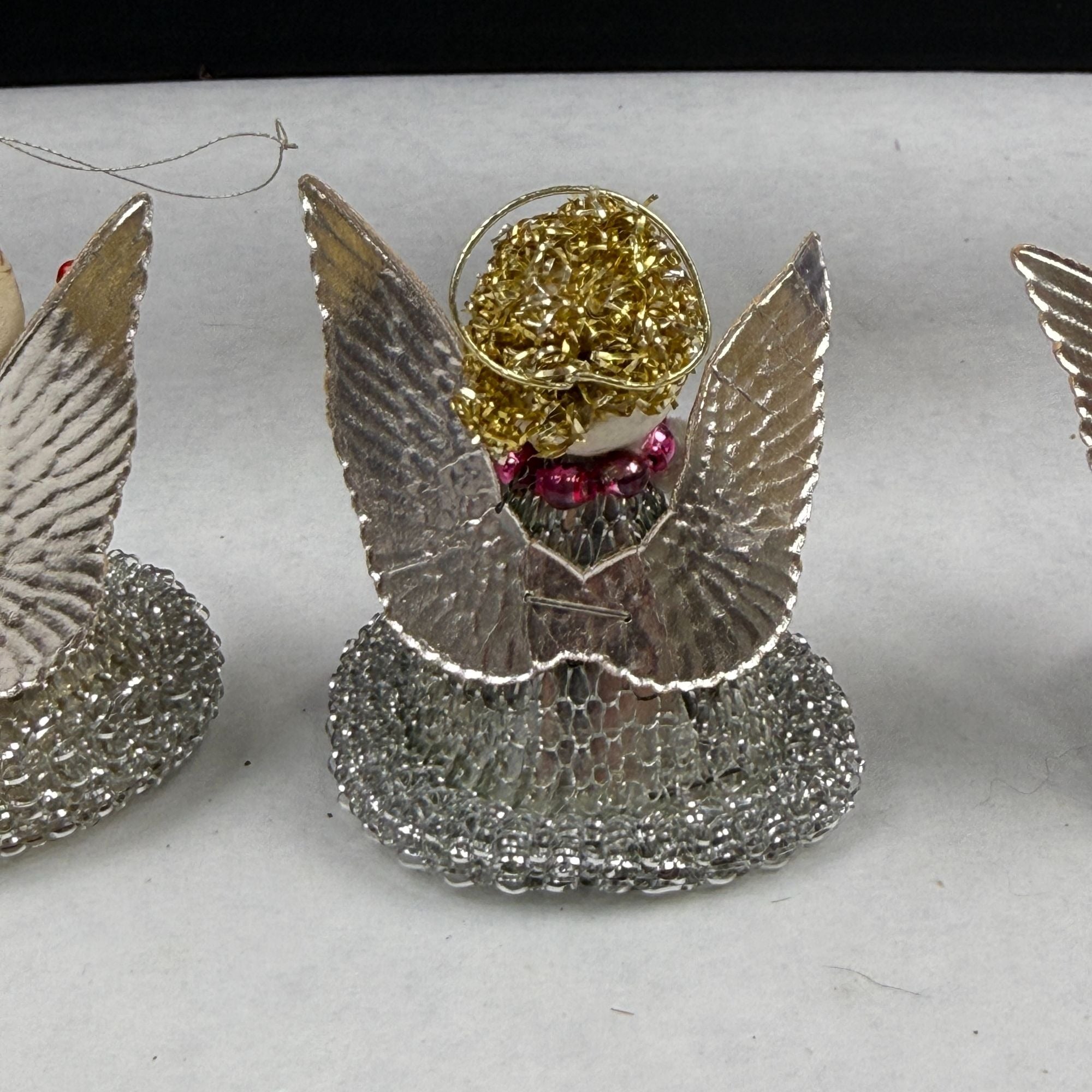 Vintage Spun Cotton Putz Mesh Dress Christmas Angel Ornaments Lot Of 6