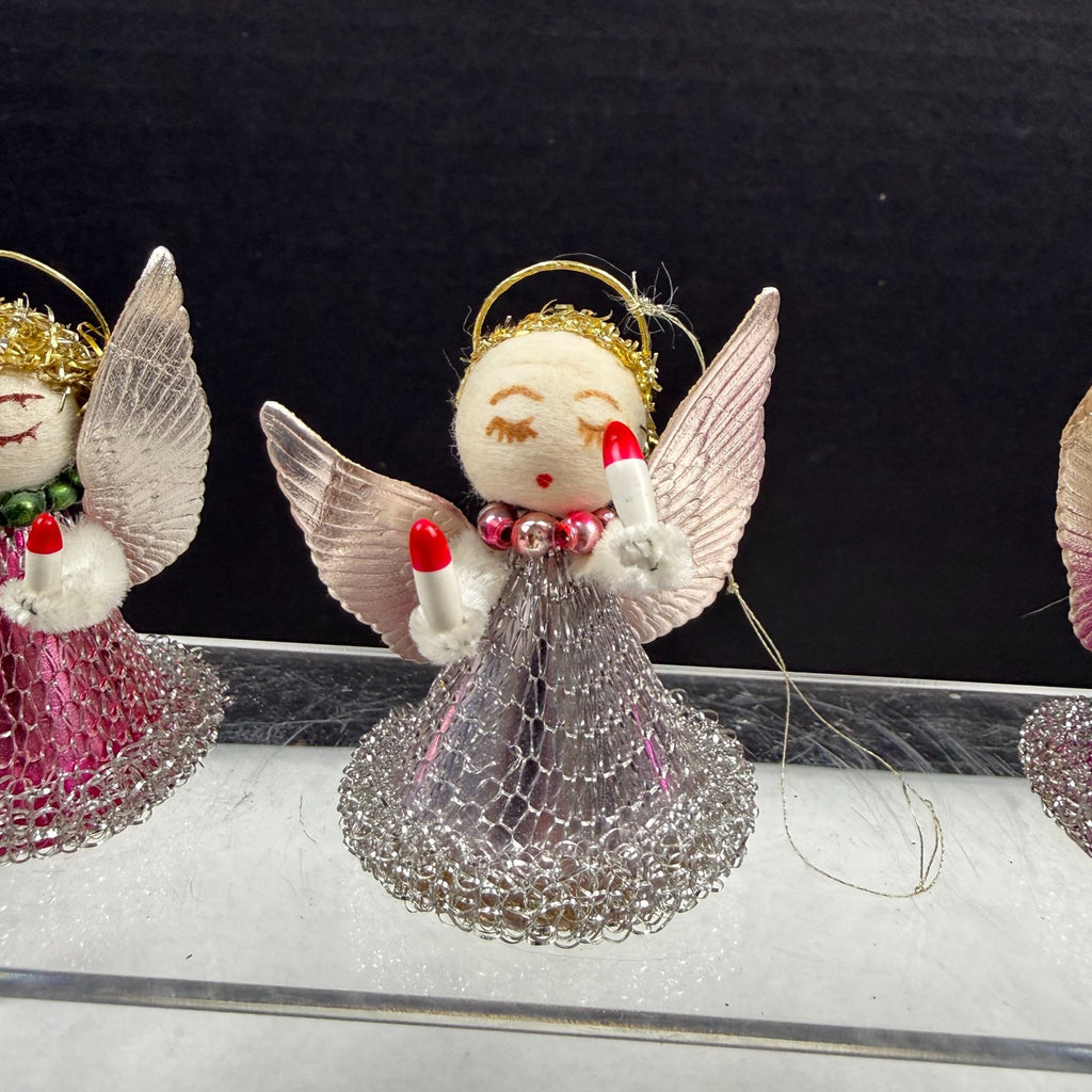 Vintage Spun Cotton Putz Mesh Dress Christmas Angel Ornaments Lot Of 6