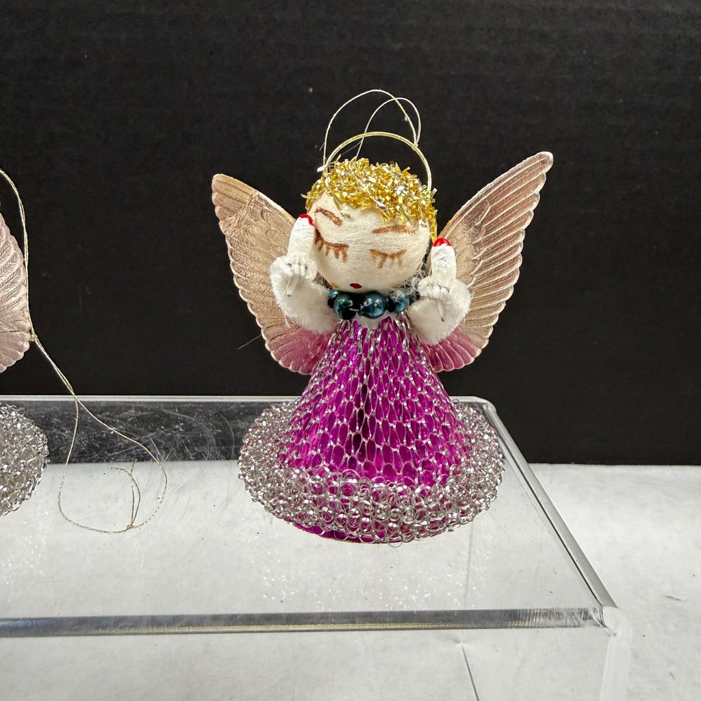Vintage Spun Cotton Putz Mesh Dress Christmas Angel Ornaments Lot Of 6