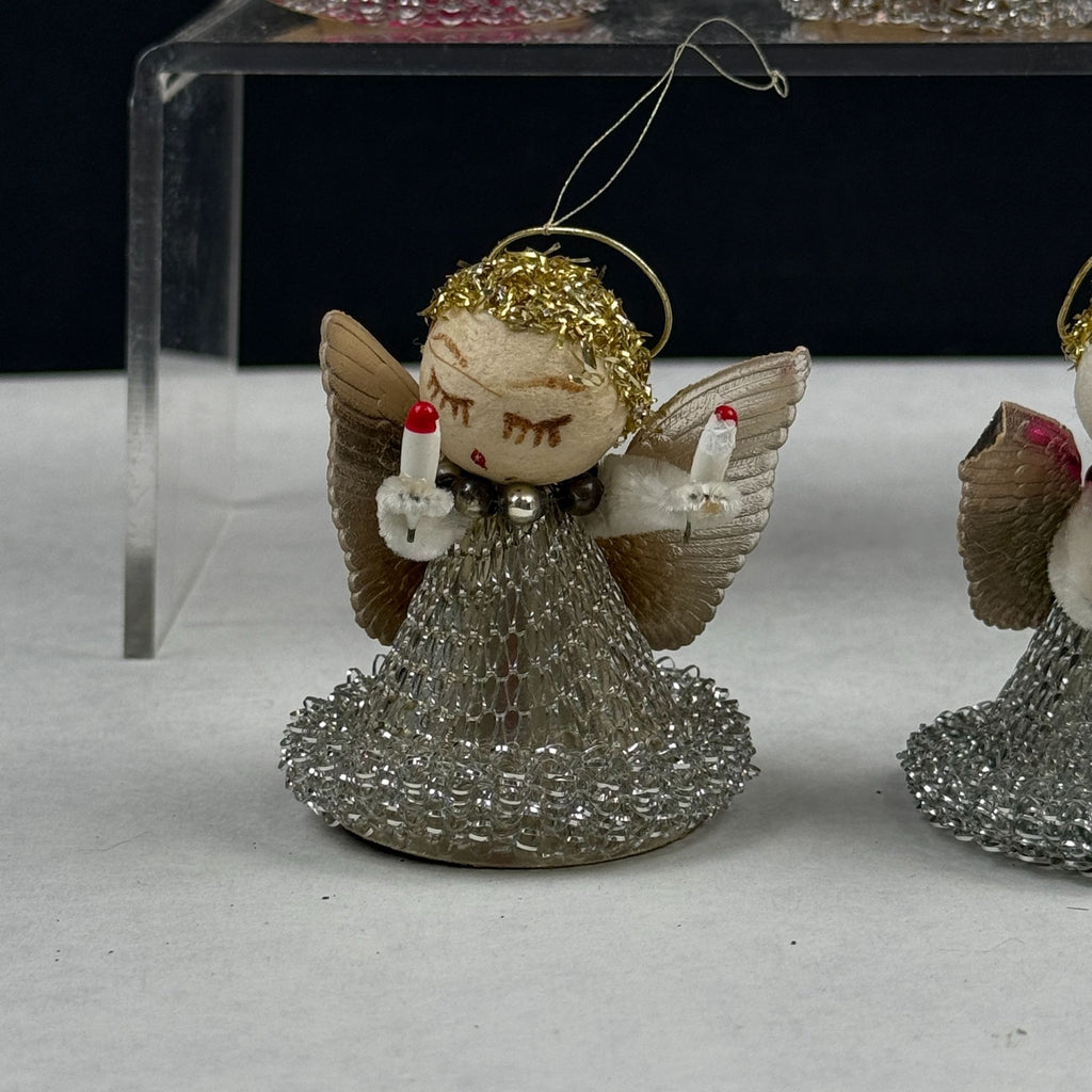 Vintage Spun Cotton Putz Mesh Dress Christmas Angel Ornaments Lot Of 6