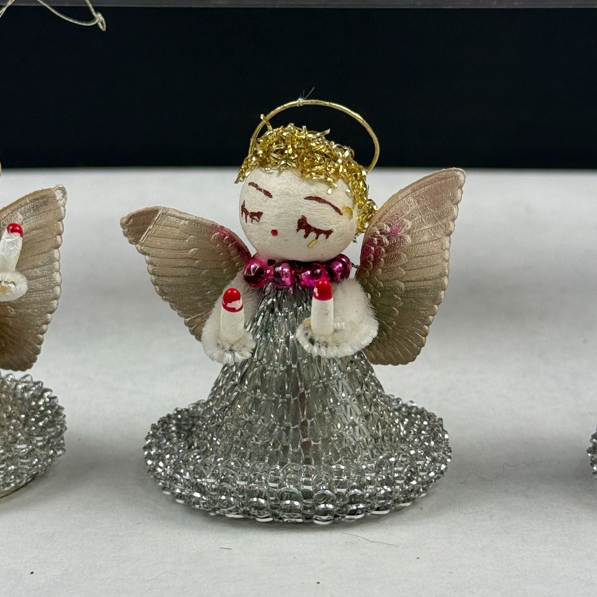 Vintage Spun Cotton Putz Mesh Dress Christmas Angel Ornaments Lot Of 6