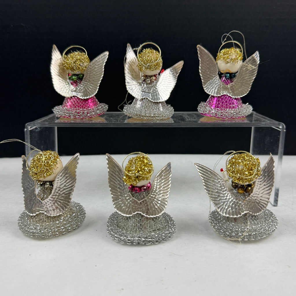 Vintage Spun Cotton Putz Mesh Dress Christmas Angel Ornaments Lot Of 6