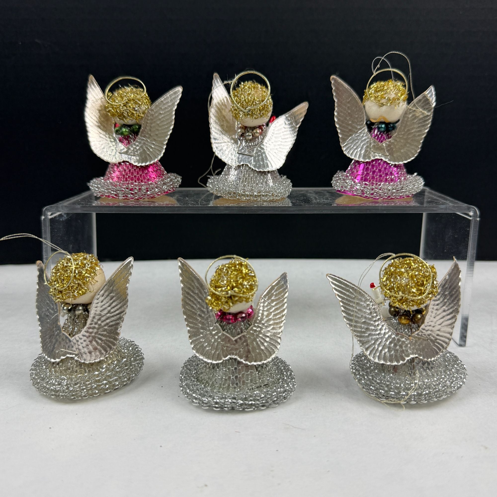 Vintage Spun Cotton Putz Mesh Dress Christmas Angel Ornaments Lot Of 6