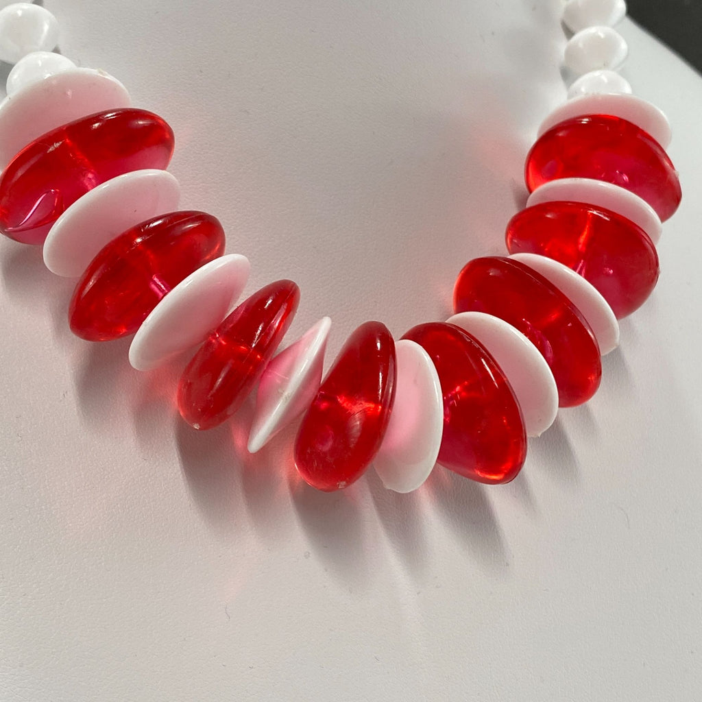 Vintage 90s Necklace Red White Disc Beads NOS