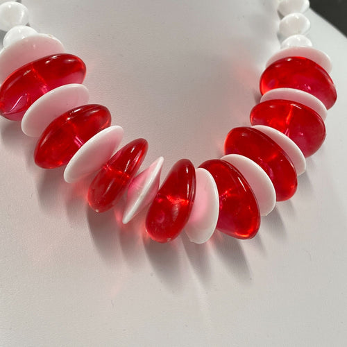 Vintage 90s Necklace Red White Disc Beads NOS