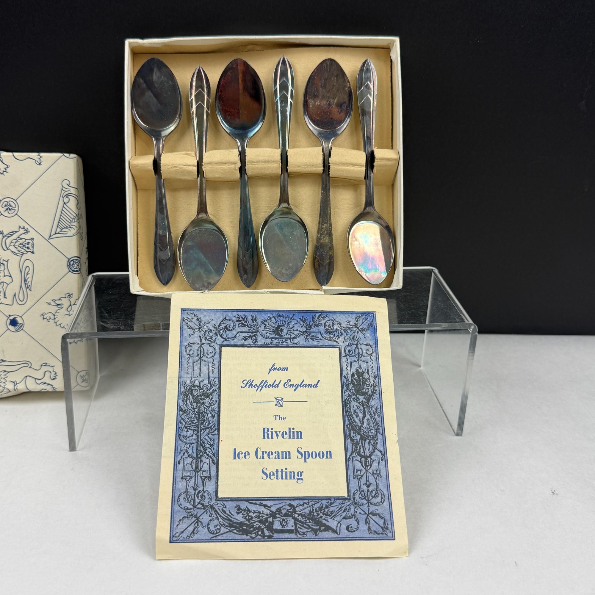 Vintage Sheffield Rivelin Silver Plate Ice Cream Spoon Set Of 6 In Original Box