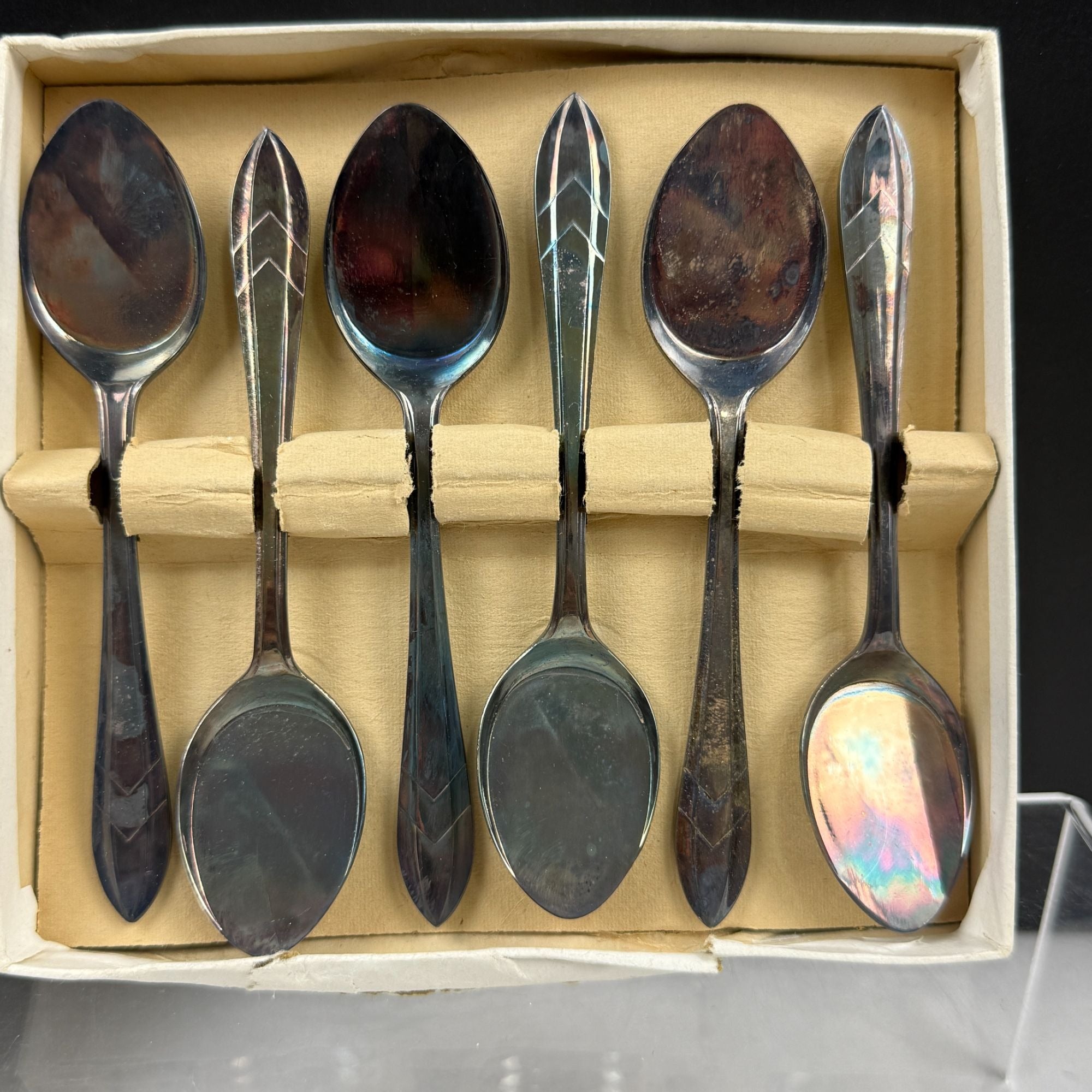 Vintage Sheffield Rivelin Silver Plate Ice Cream Spoon Set Of 6 In Original Box