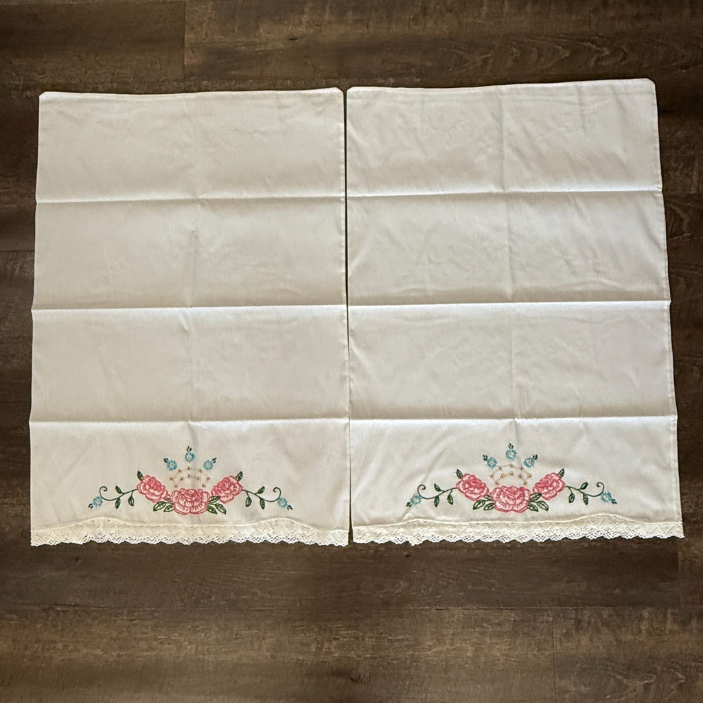 Vintage Embroidered Pillowcases Set of 2 White Pink Roses Blue Flowers Lace Trim
