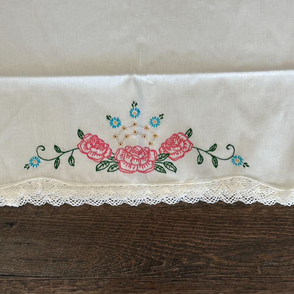 Vintage Embroidered Pillowcases Set of 2 White Pink Roses Blue Flowers Lace Trim