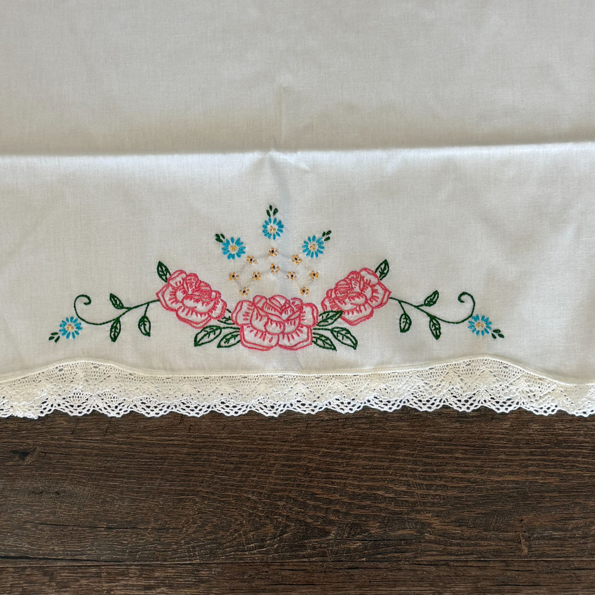 Vintage Embroidered Pillowcases Set of 2 White Pink Roses Blue Flowers Lace Trim