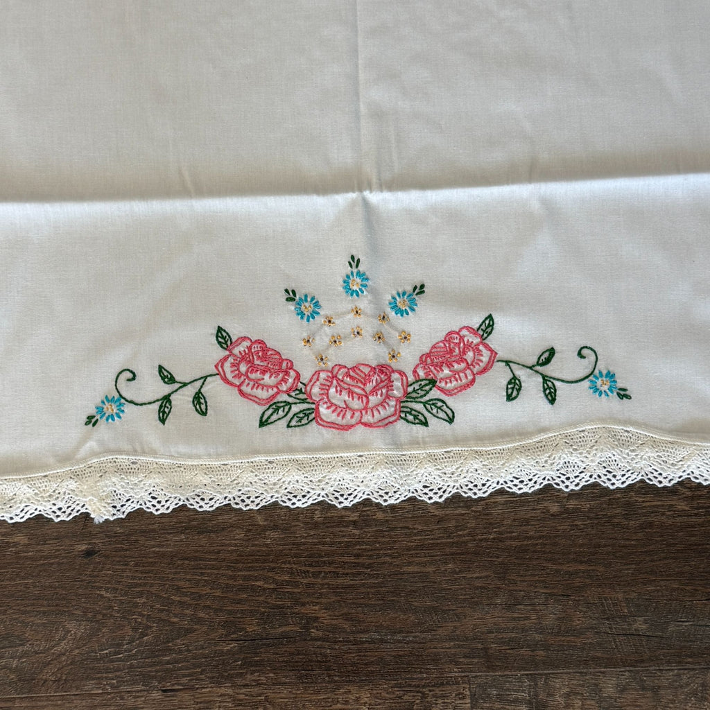 Vintage Embroidered Pillowcases Set of 2 White Pink Roses Blue Flowers Lace Trim