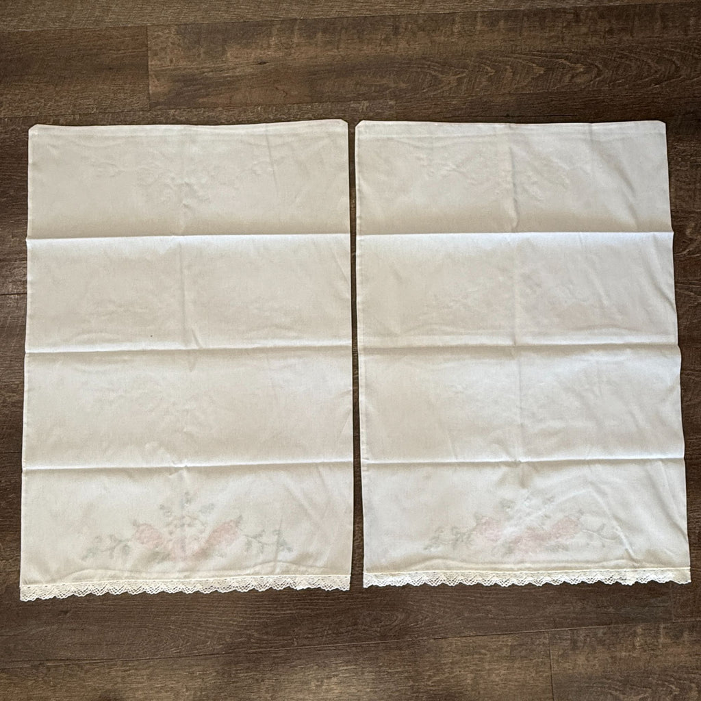 Vintage Embroidered Pillowcases Set of 2 White Pink Roses Blue Flowers Lace Trim