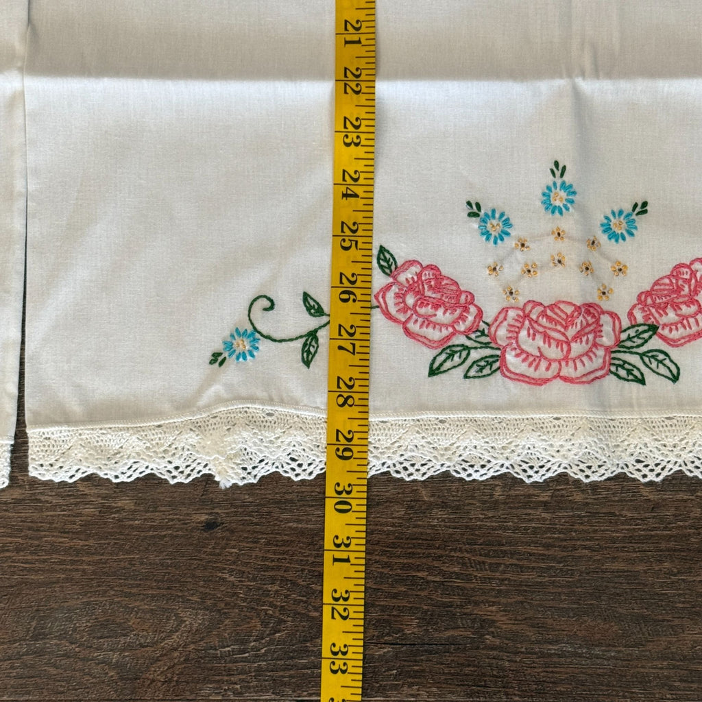 Vintage Embroidered Pillowcases Set of 2 White Pink Roses Blue Flowers Lace Trim