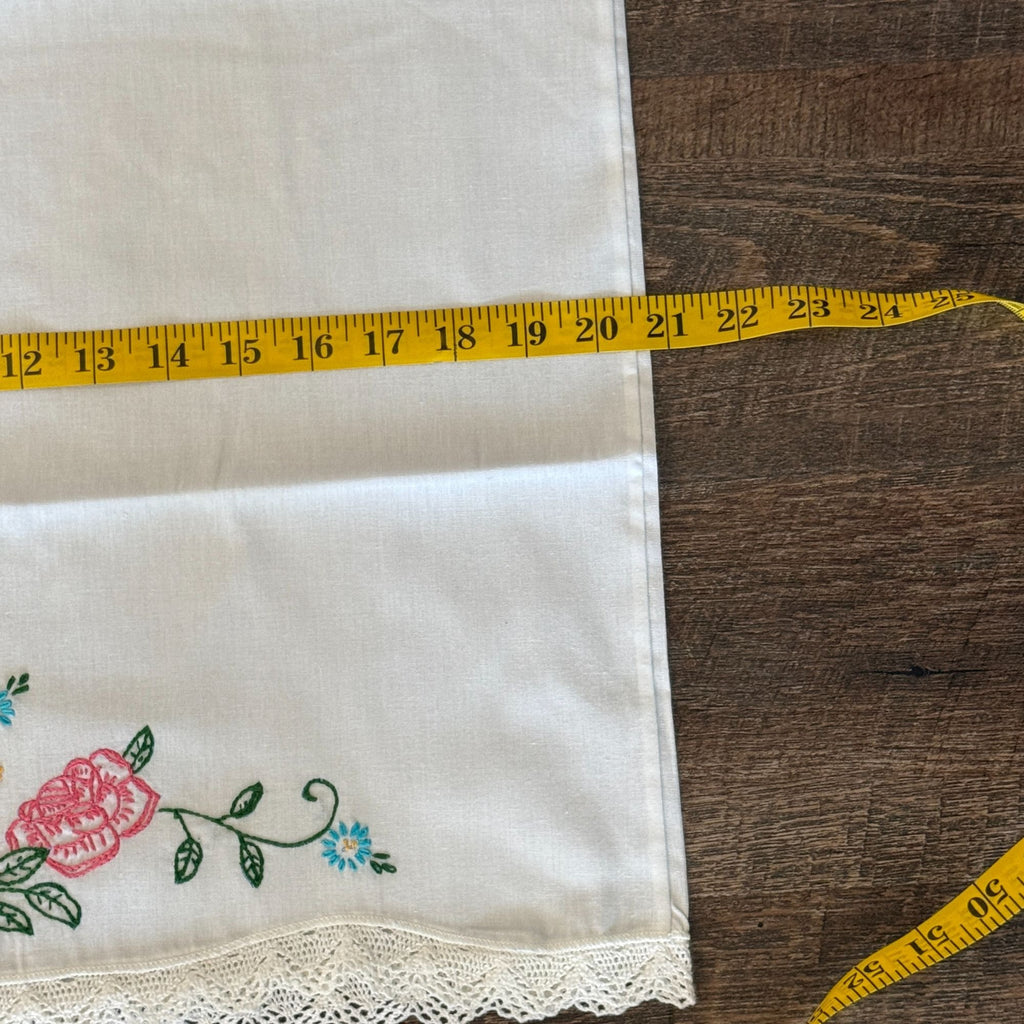 Vintage Embroidered Pillowcases Set of 2 White Pink Roses Blue Flowers Lace Trim