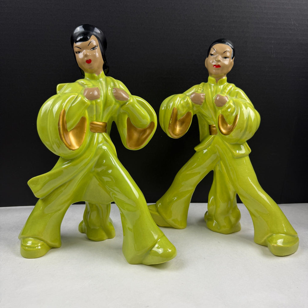 Vintage Mid Century Chartreuse Green Asian Couple Ceramic Planters