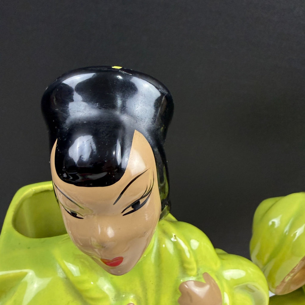 Vintage Mid Century Chartreuse Green Asian Couple Ceramic Planters