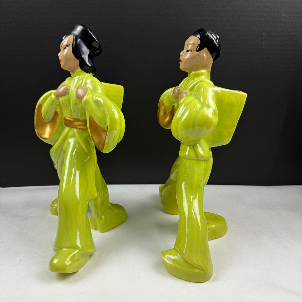 Vintage Mid Century Chartreuse Green Asian Couple Ceramic Planters