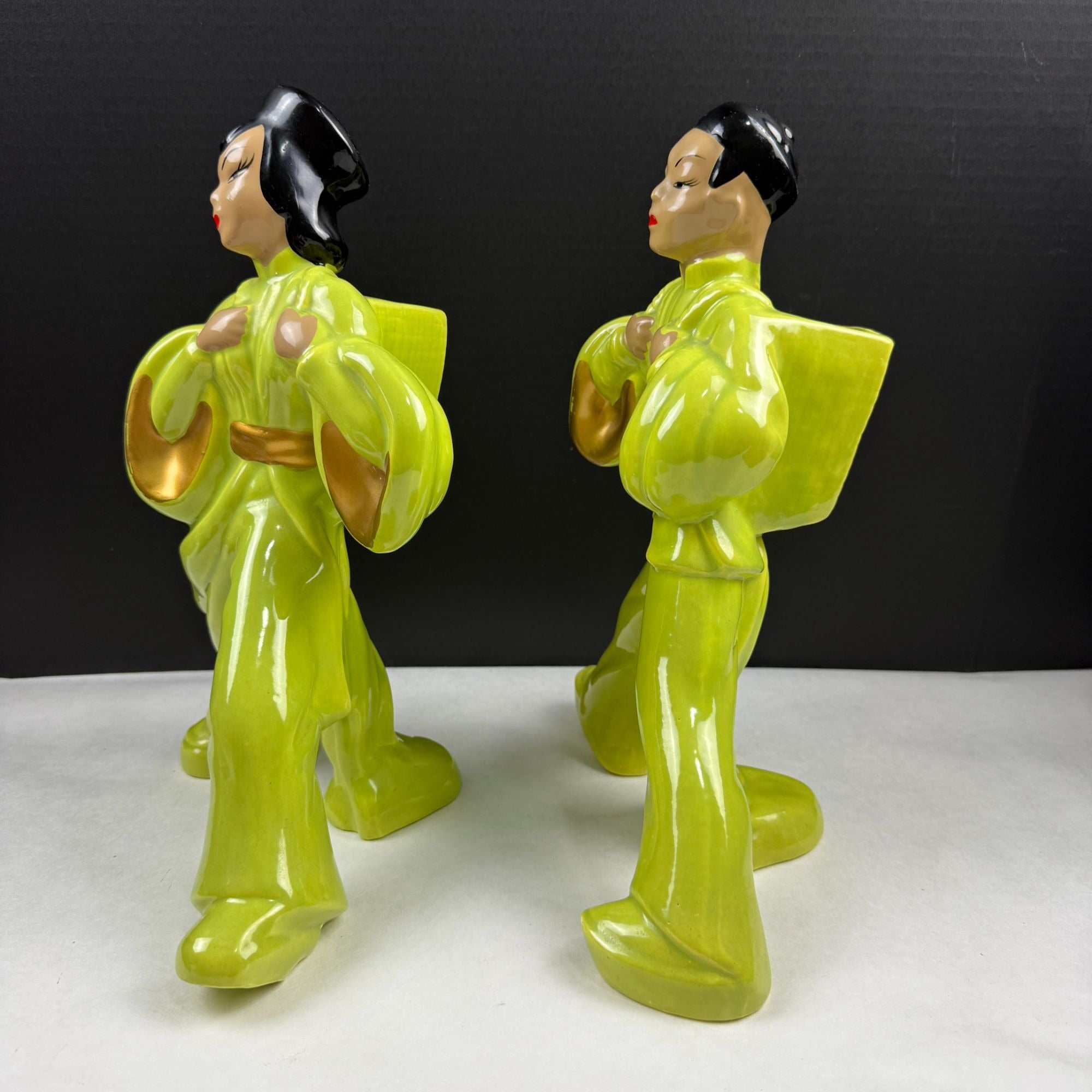 Vintage Mid Century Chartreuse Green Asian Couple Ceramic Planters