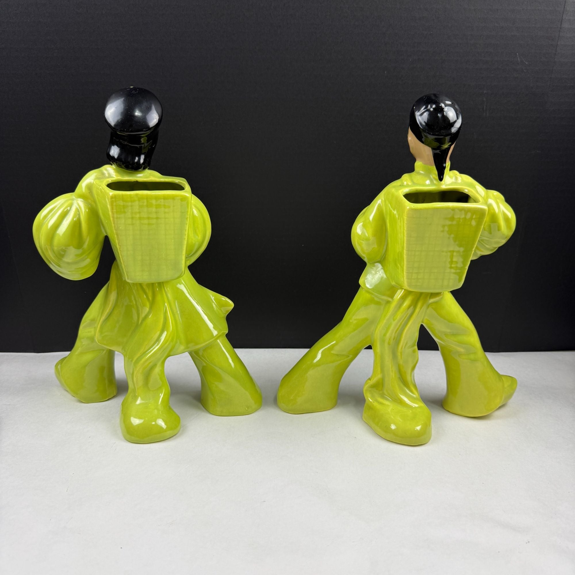 Vintage Mid Century Chartreuse Green Asian Couple Ceramic Planters