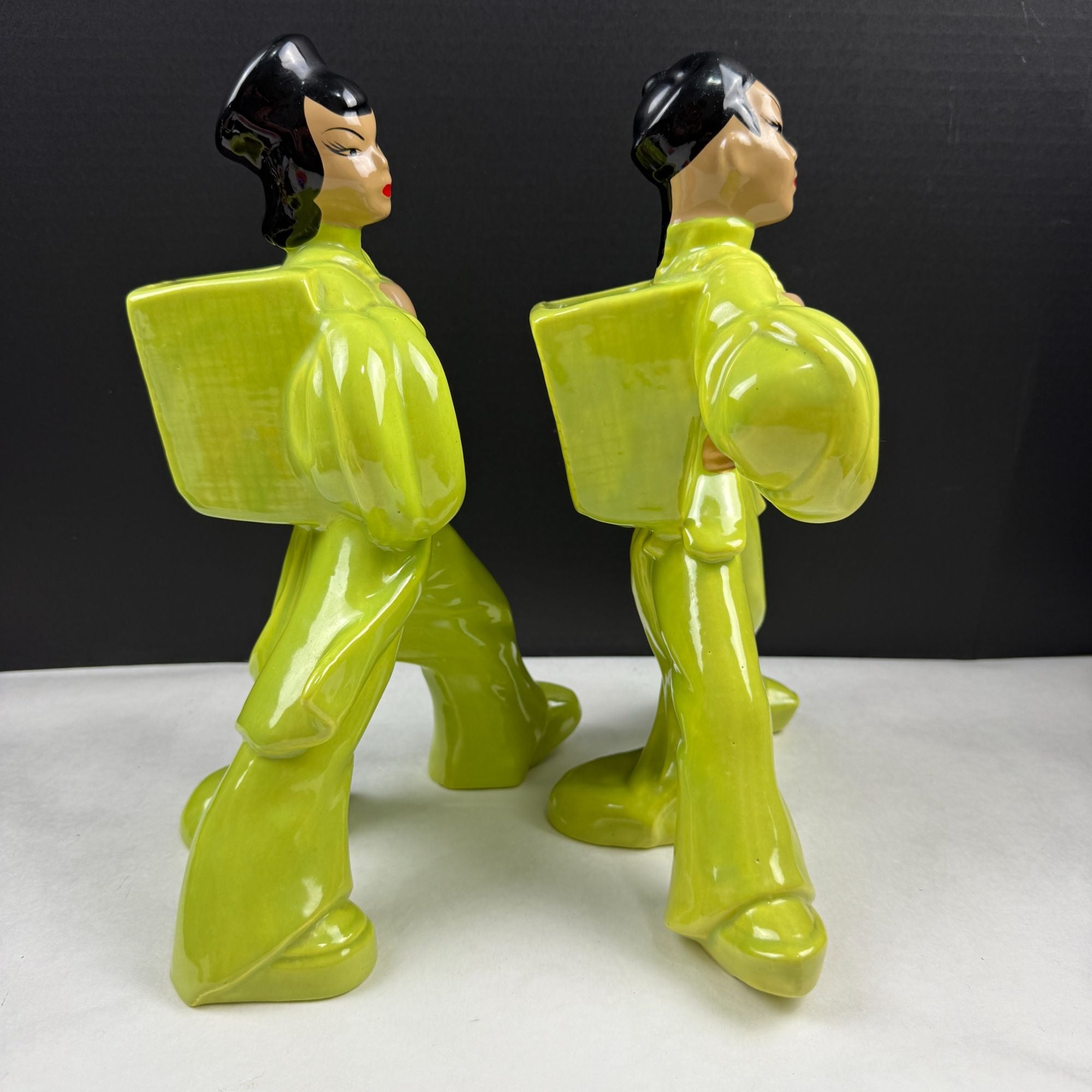 Vintage Mid Century Chartreuse Green Asian Couple Ceramic Planters