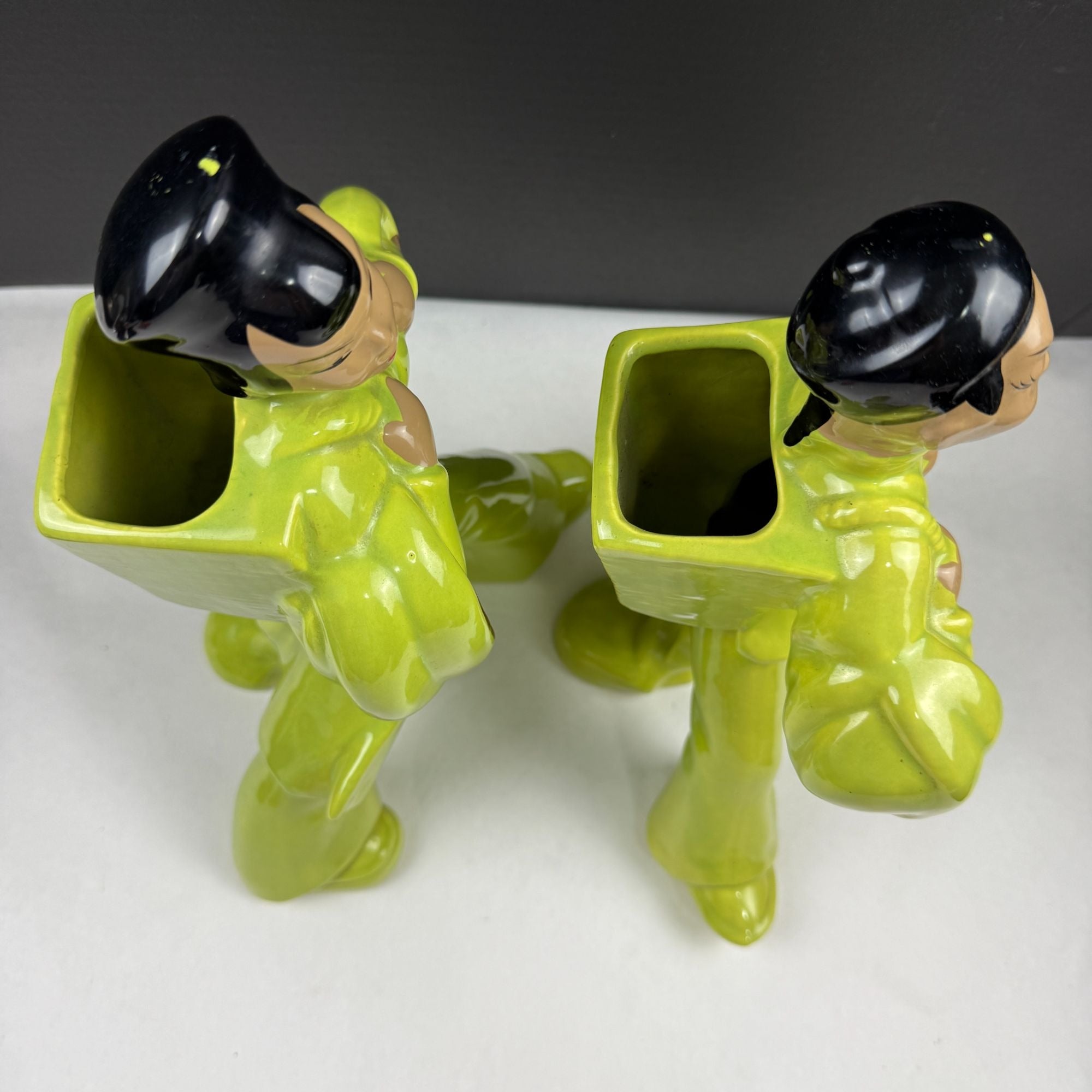 Vintage Mid Century Chartreuse Green Asian Couple Ceramic Planters