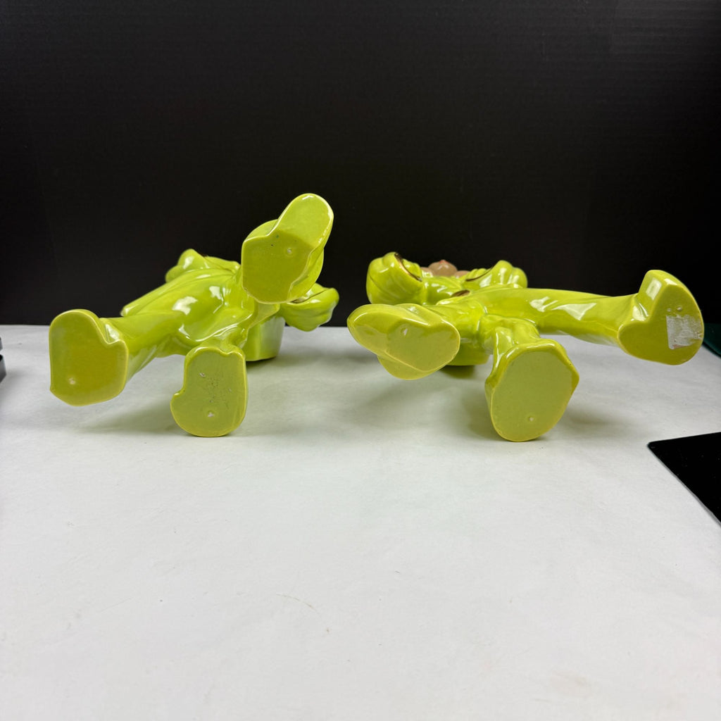 Vintage Mid Century Chartreuse Green Asian Couple Ceramic Planters
