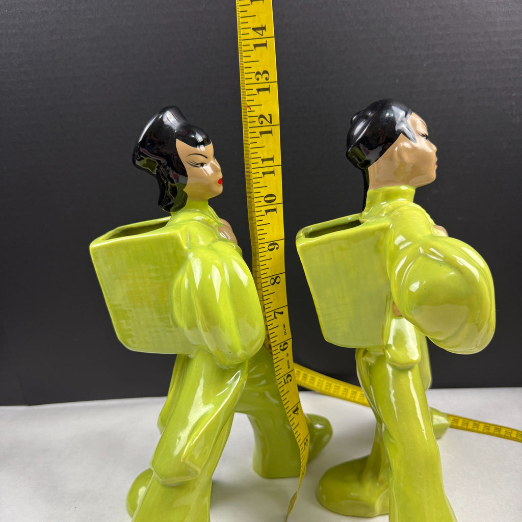 Vintage Mid Century Chartreuse Green Asian Couple Ceramic Planters