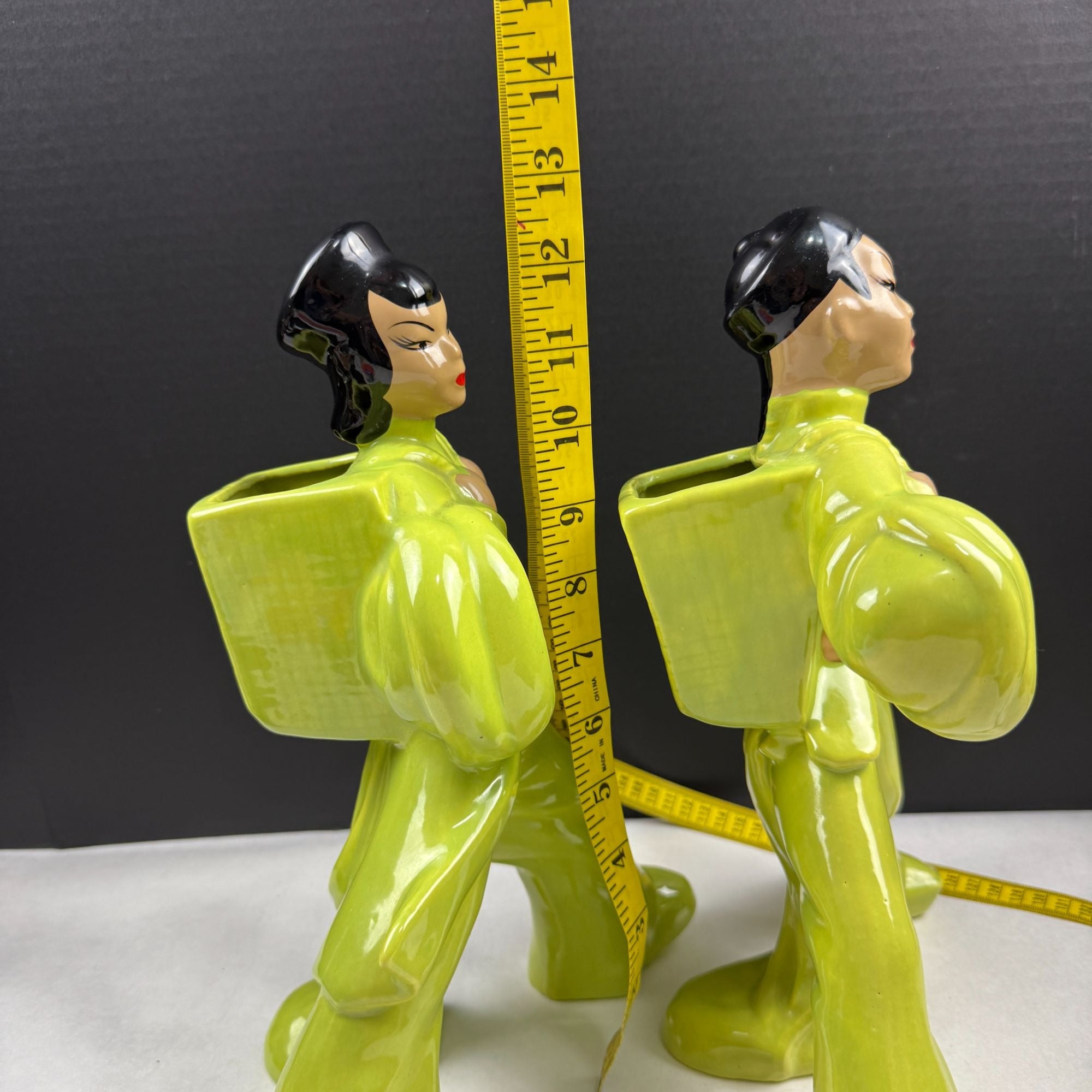 Vintage Mid Century Chartreuse Green Asian Couple Ceramic Planters