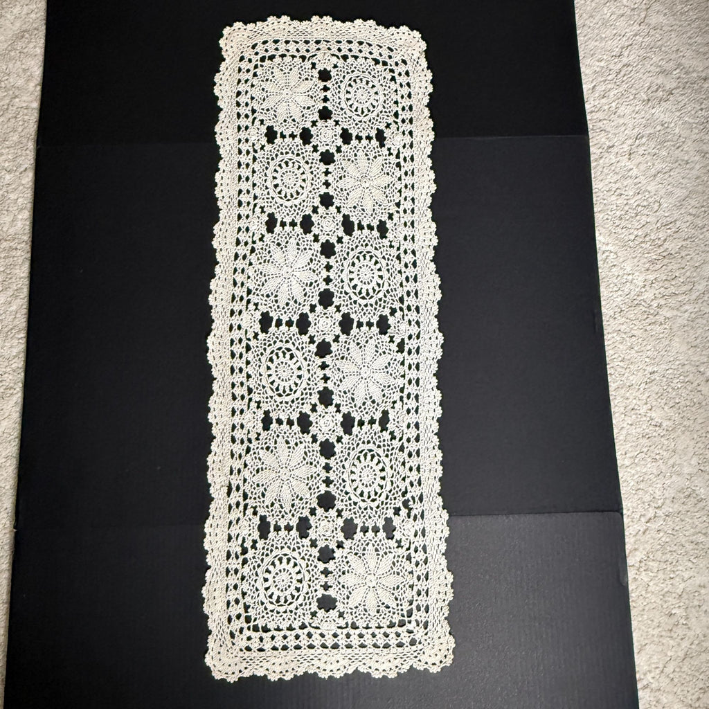 Vintage Handmade Crochet Table Runner 42" x 14" Ivory Floral Lace Doily