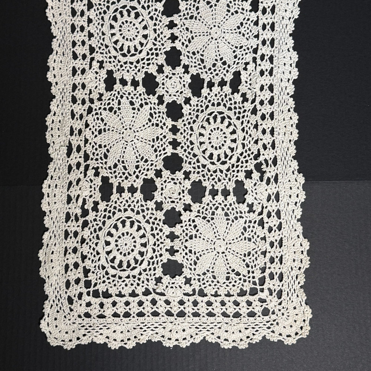 Vintage Handmade Crochet Table Runner 42" x 14" Ivory Floral Lace Doily