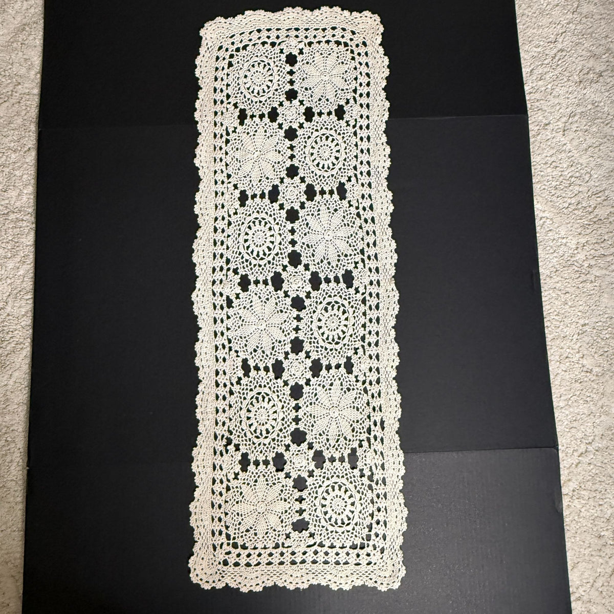 Vintage Handmade Crochet Table Runner 42" x 14" Ivory Floral Lace Doily