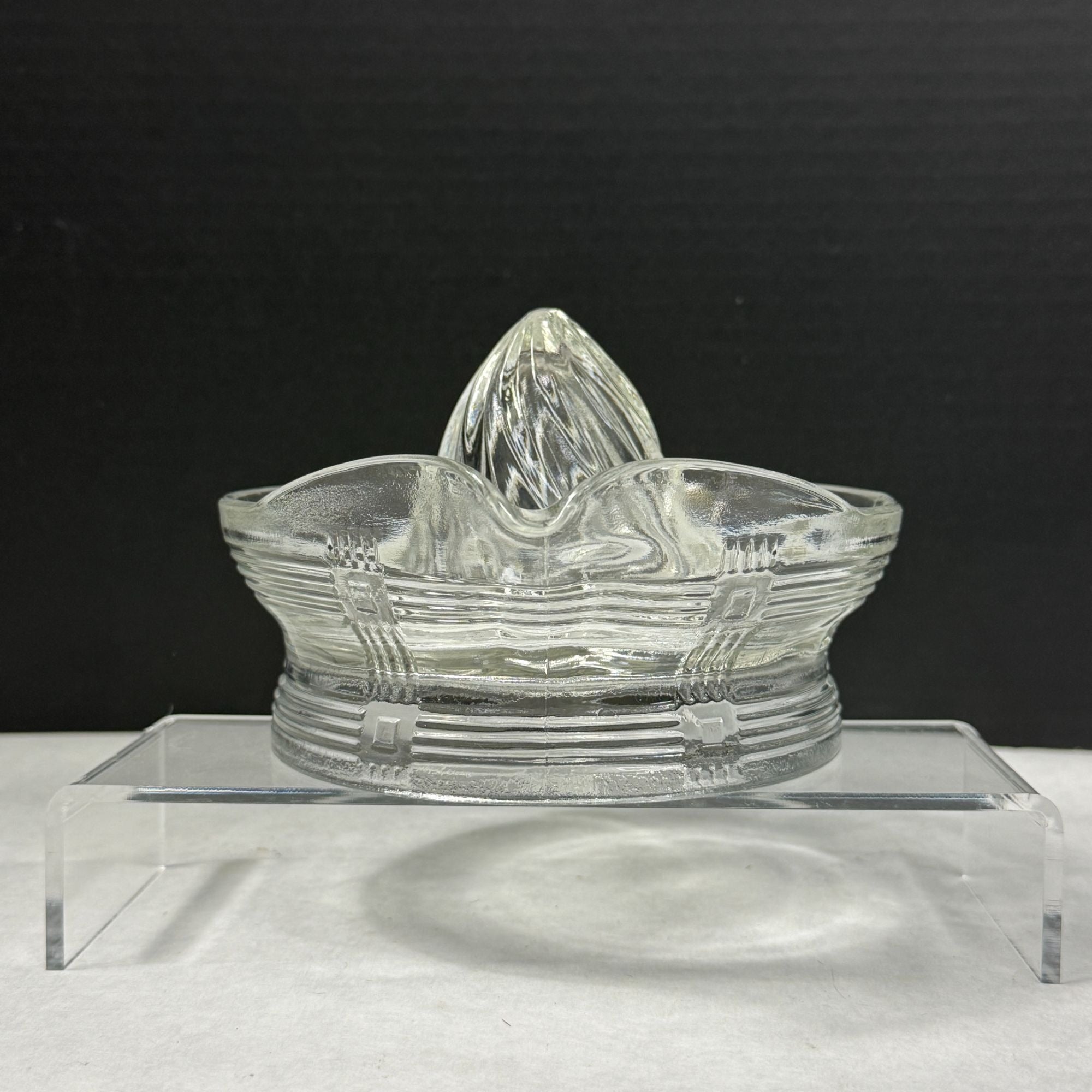 Vintage Hazel Atlas Crisscross Clear Glass Juicer Reamer With Handle & Spout