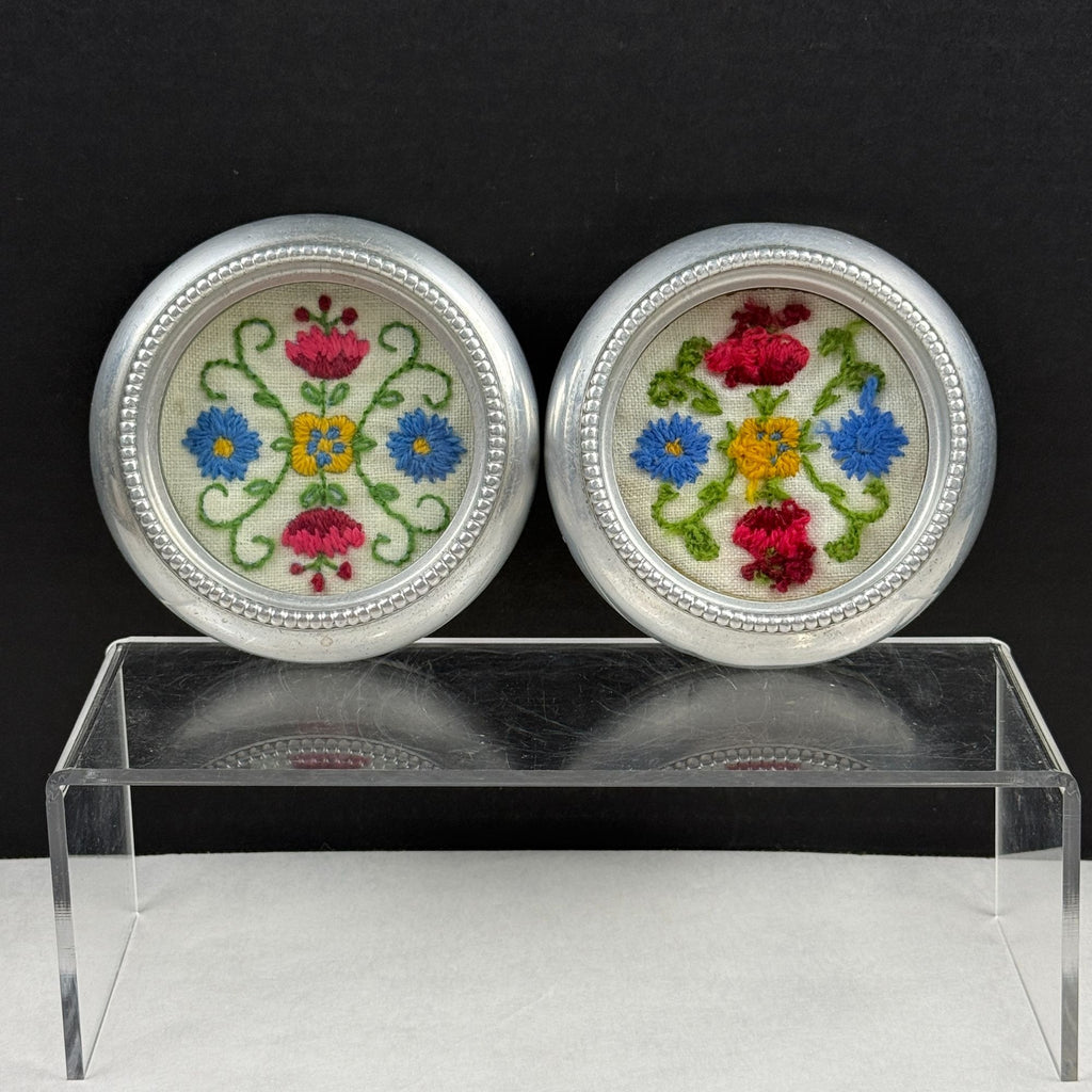 Vintage Aluminum Stacking Coasters with Embroidery Insert Set of 2