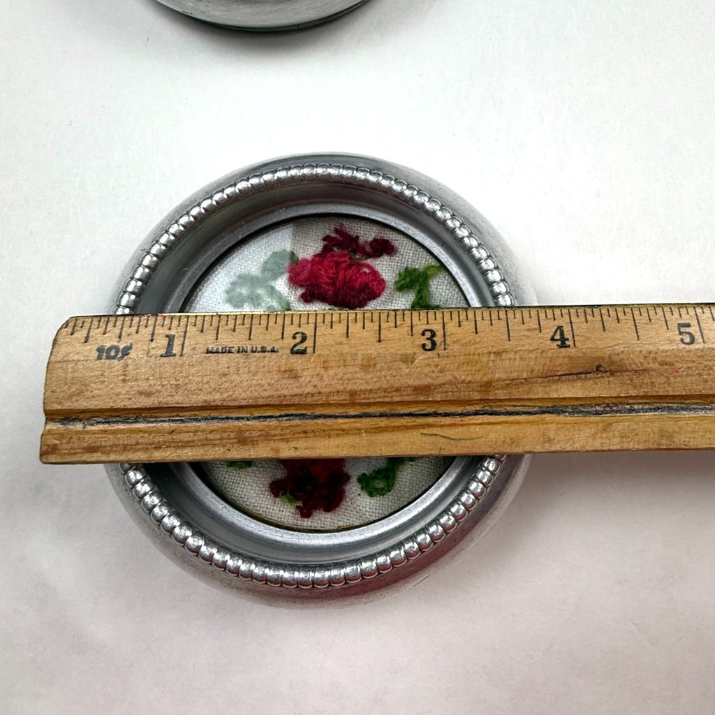 Vintage Aluminum Stacking Coasters with Embroidery Insert Set of 2