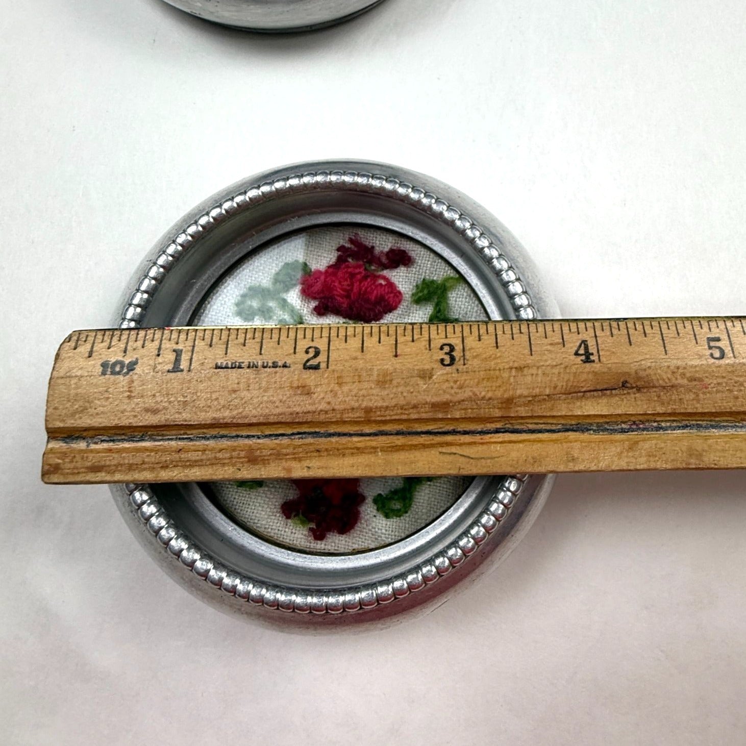 Vintage Aluminum Stacking Coasters with Embroidery Insert Set of 2