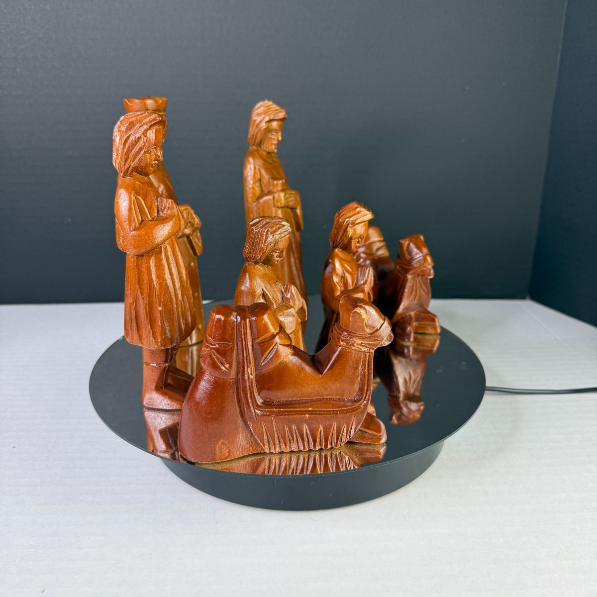 Carved Wood Nativity Figures Set of 7 Christmas Wise Men Camels Rustic Decor