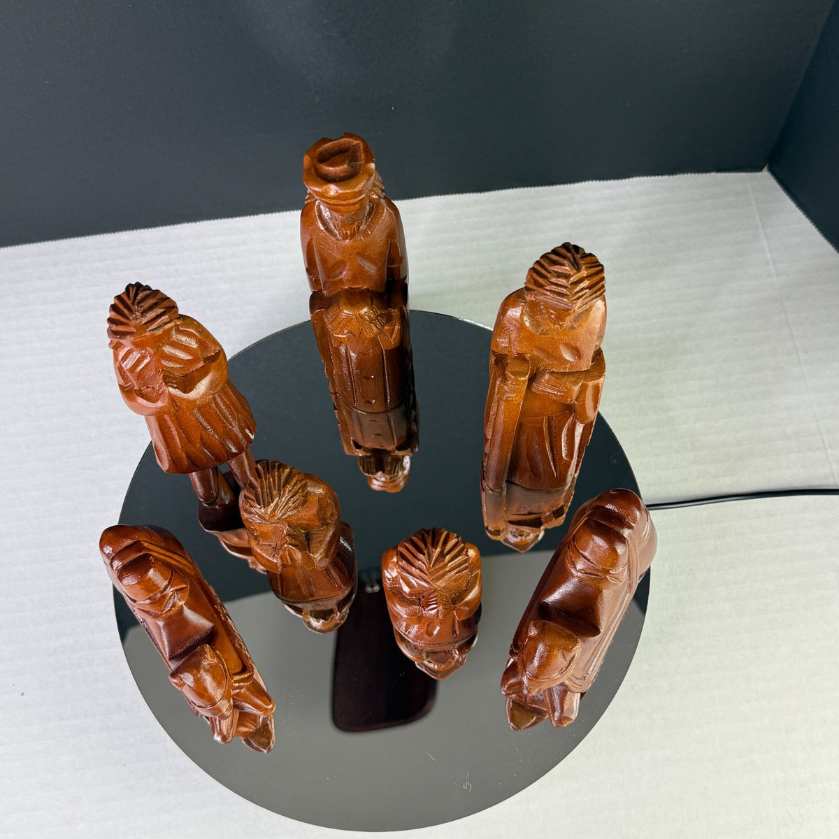 Carved Wood Nativity Figures Set of 7 Christmas Wise Men Camels Rustic Decor