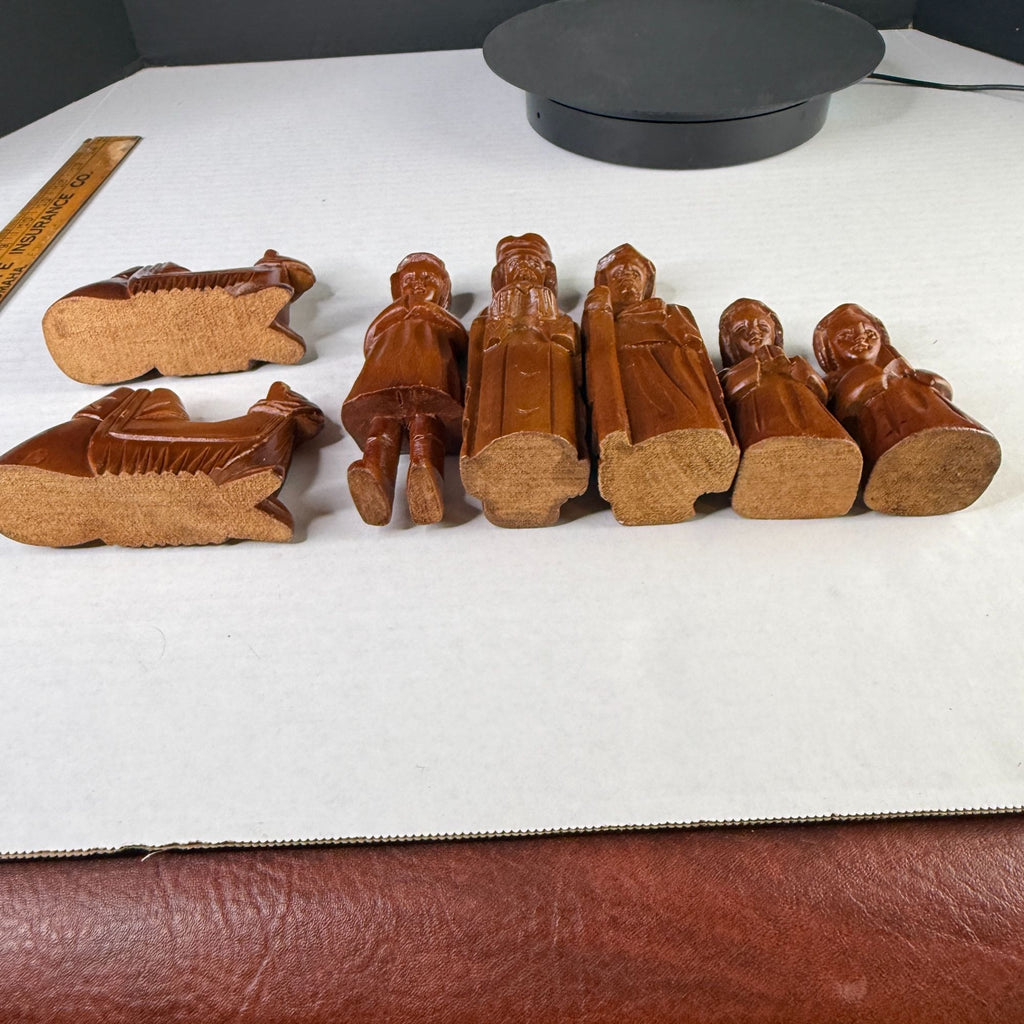 Carved Wood Nativity Figures Set of 7 Christmas Wise Men Camels Rustic Decor