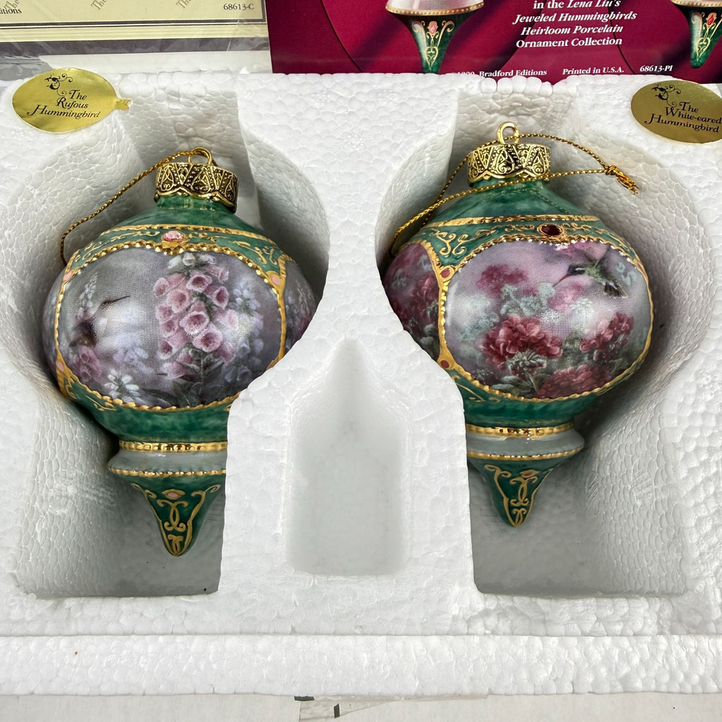Vintage Lena Liu's Jeweled Hummingbird Porcelain Ornaments Set Of 2 1998