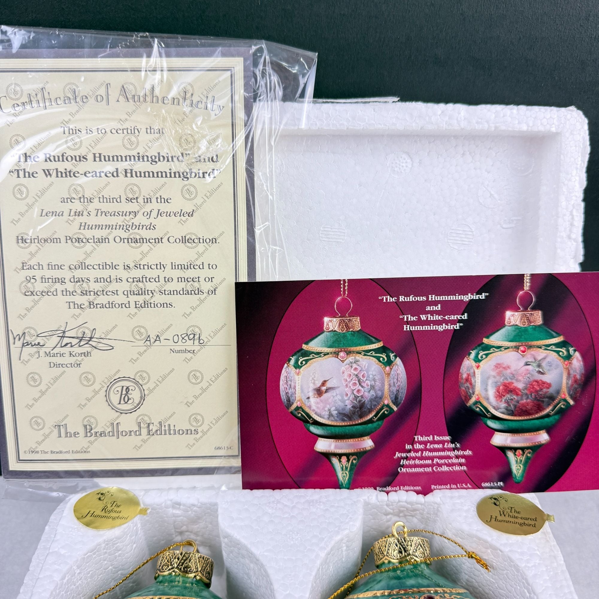 Vintage Lena Liu's Jeweled Hummingbird Porcelain Ornaments Set Of 2 1998