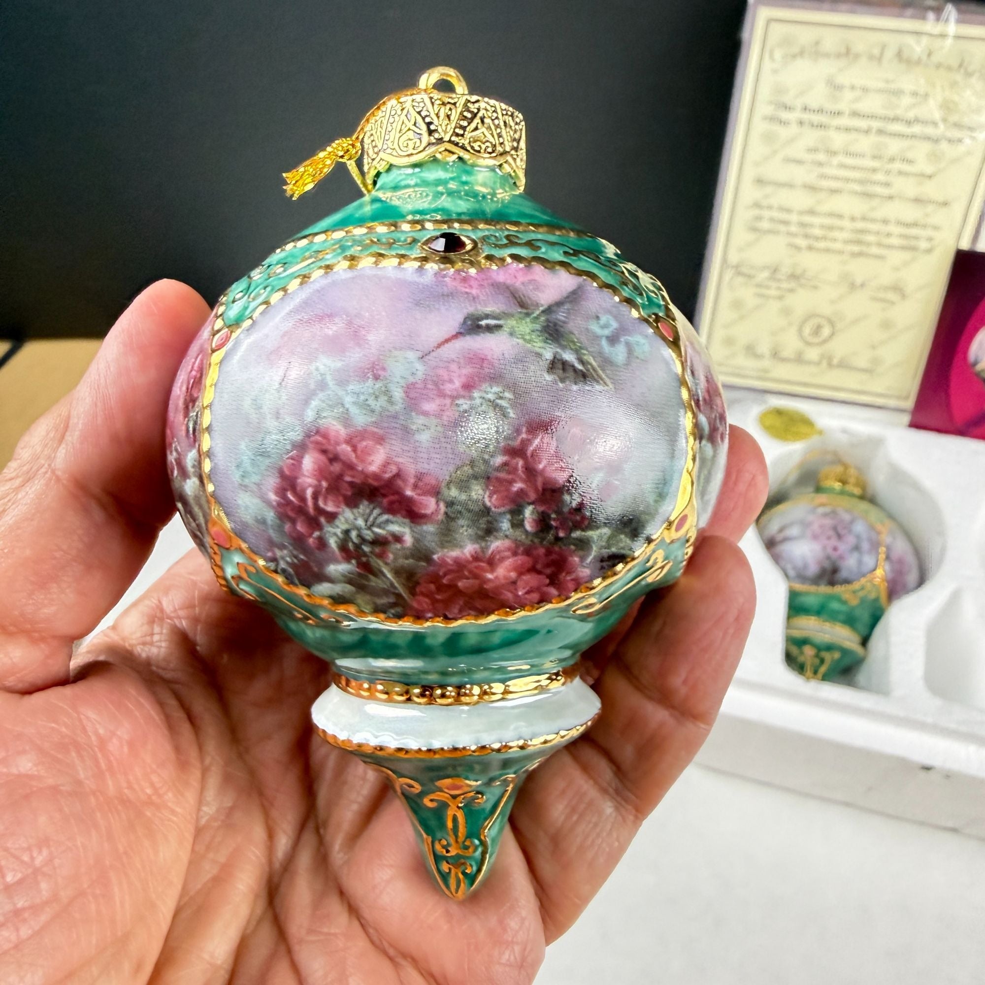 Vintage Lena Liu's Jeweled Hummingbird Porcelain Ornaments Set Of 2 1998