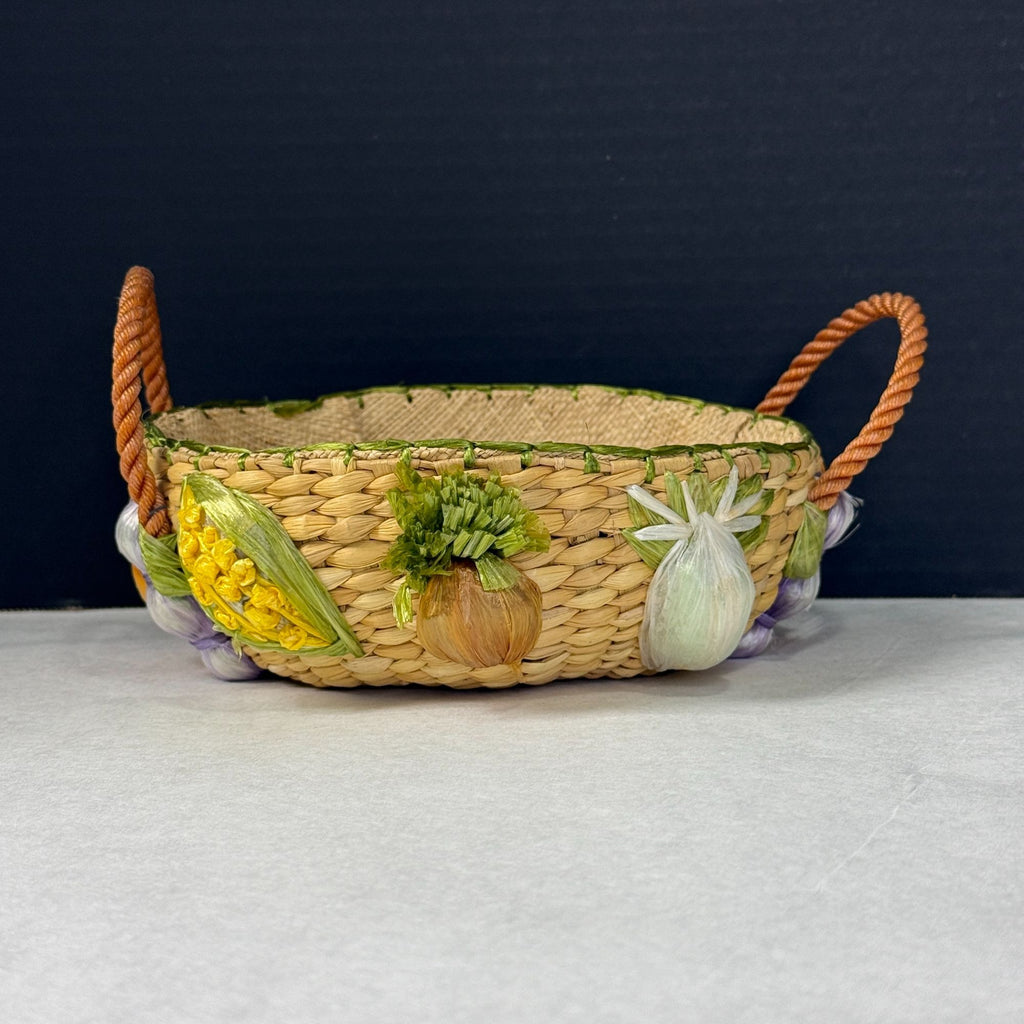Vintage Woven Raffia Handled Basket Fruit Design