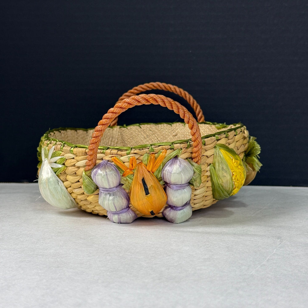 Vintage Woven Raffia Handled Basket Fruit Design