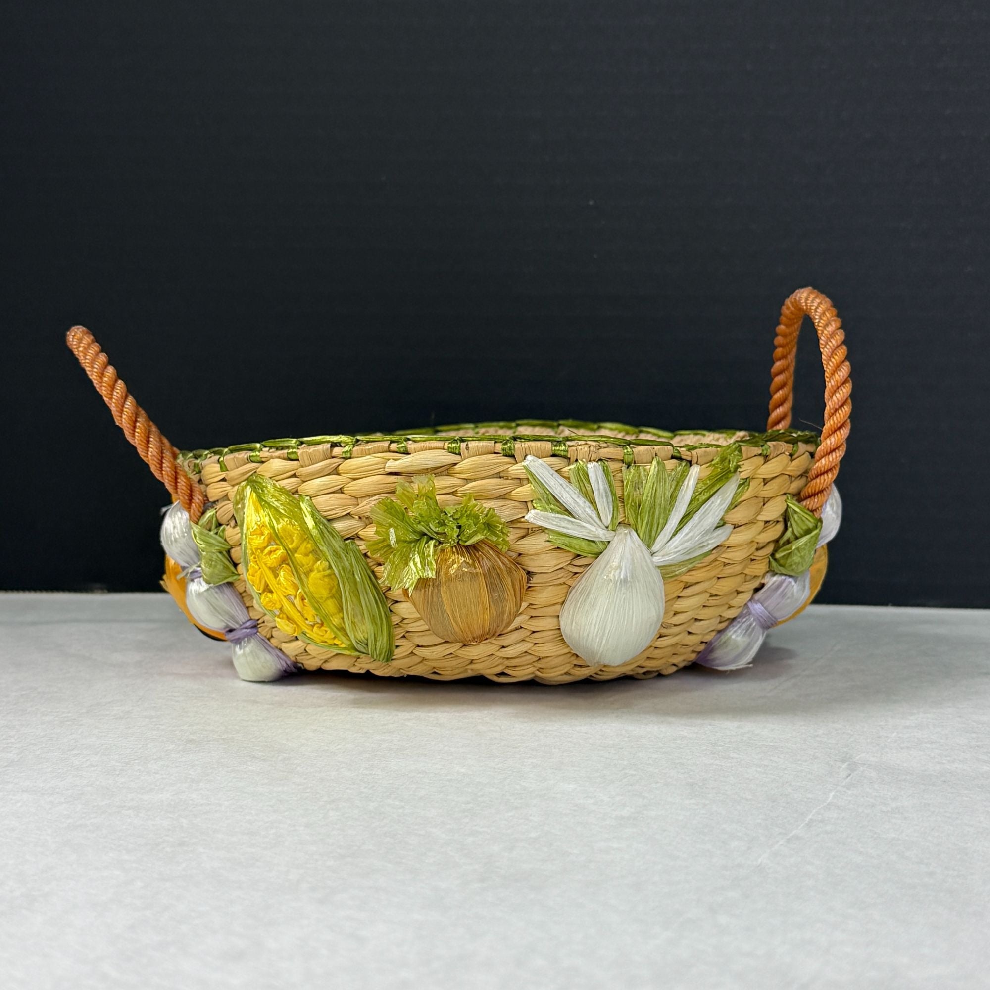 Vintage Woven Raffia Handled Basket Fruit Design