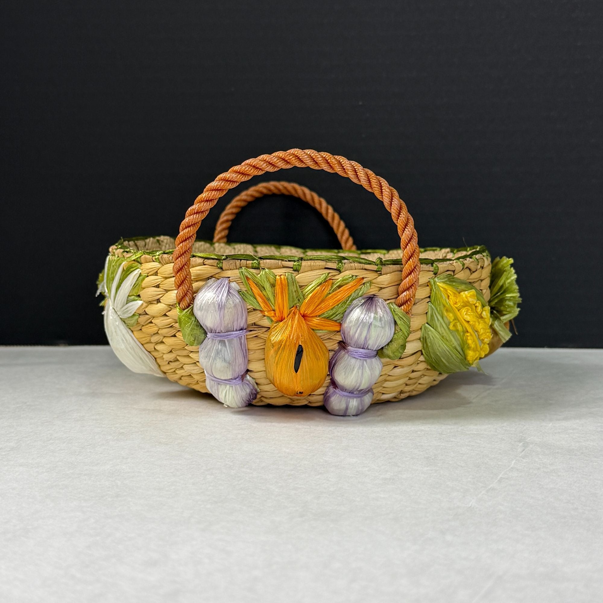 Vintage Woven Raffia Handled Basket Fruit Design